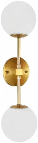 Modern Wall Sconce 2-Lights Industrial Mid Century Bathroom Vanity Wall Light with White Globe Glass Lampshade Brushed Brass Finished Lighting Fixture (Gold Color)