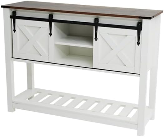 White Farmhouse Console Table for Entryway, Sofa Table with Storage Shelf, Hallway Tables with Sliding Barn Doors, Entry Tables for Foyer, Living Room
