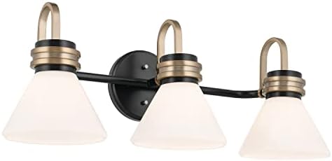 KICHLER Farum 26 Inch 3 Light Vanity with Opal Glass in Black with Champagne Bronze Accents for Bathrooms and Powder Rooms, (26" W x 9.5" H x 9.5" D), 55155BK