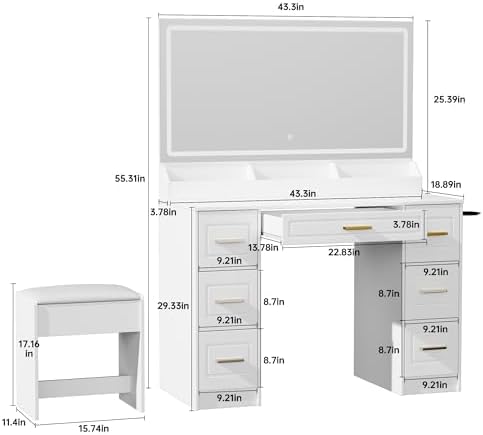 Vanity Desk with Mirror and LED Lights, 43'' W Makeup Vanity Desk with Power Outlet, 3 Color Modes, 7 Drawers Vanity Table with Chair, Dressing Table for Bedroom, Dressing Room