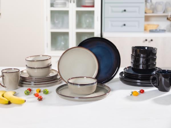 Romswi Dinnerware Set for 4, 16Pcs Stoneware Plates and Bowls Sets with Mugs, Chip & Scratch Resistant Dish Set, Handmade Reactive Glaze Plate Sets, Oven & Microwave and Dishwasher Safe,Wheat Green