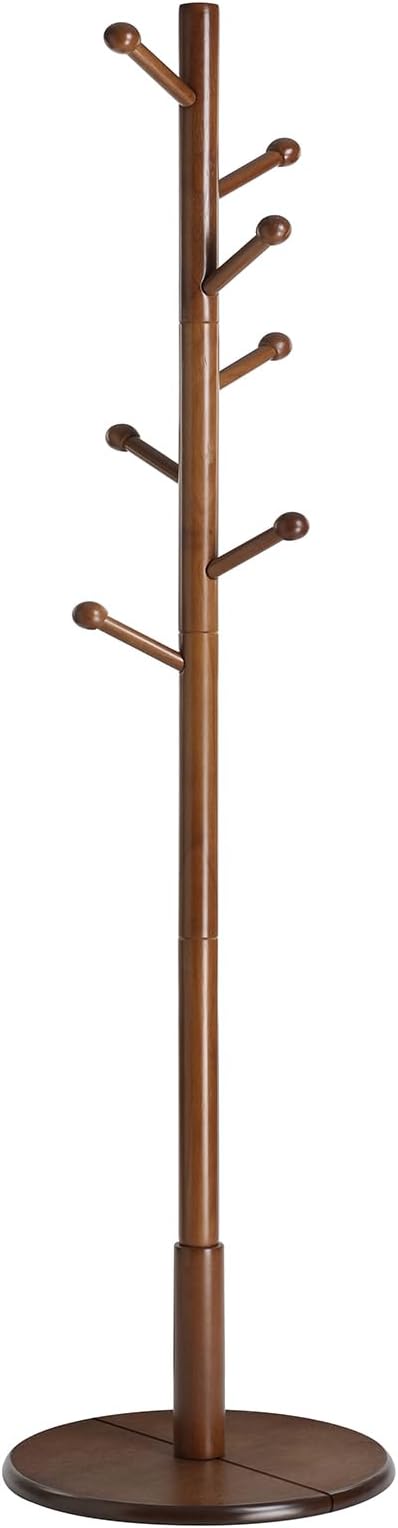 VASAGLE Solid Wood Coat Rack, Free Standing Hall Coat Tree with 7 Hooks, 3 Height Options, for Coats, Hats, Bags, Purses, for Entryway, Hallway, Rubberwood Hooks and Pole, Dark Walnut URCR07WN