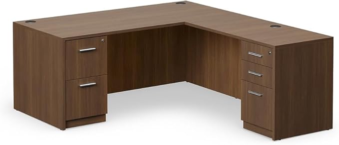 NBF at Work Reversible 66" W L-Shaped Executive Office Desk - Durable Laminate Computer Desk with Lockable Two Drawers - Modern Desk with Storage and File Cabinet - Office Work Desk, Brown