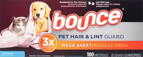 Bounce Pet Hair and Lint Guard Mega Fabric Softener Dryer Sheets with 3X Pet Hair Fighters, Fresh Scent, 180 Count (Packaging May Very) (Pack of 2)