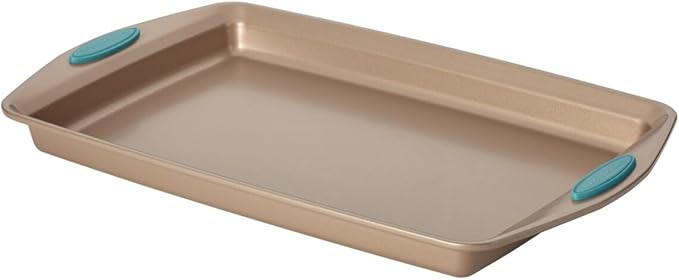 Rachael Ray Cucina Bakeware Set Includes Nonstick Bread Baking Cookie Sheet and Cake Pans, 5 Piece, Latte Brown with Agave Blue Grips