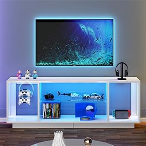 DlandHome LED TV Stand for TVs up to 60inch, Entertainment Center with Open Storage Shelves, TV Media Console Table for Bedroom, Living Room, White