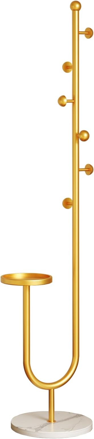 Coat Rack,Metal Free Standing Coat Stand with marble base, Hall Coat Tree with 6 Hooks and Storage Tray,68.9 Inch Tall, for Coats, Hats, Bags, for Entryway, Hallway, Bedroom (gold)