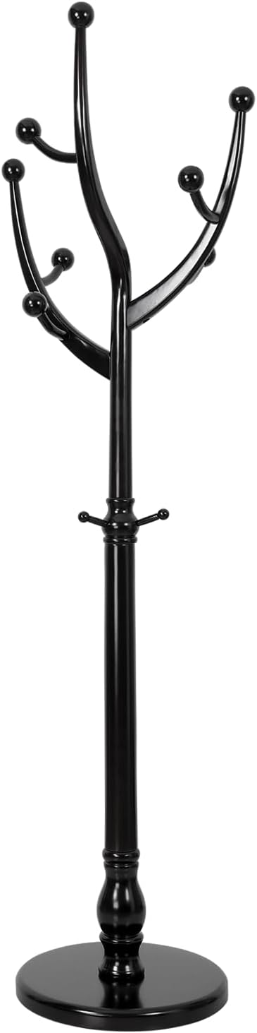 Wood Coat Rack Coat Tree Freestanding with Hooks, Heavy Duty Standing Coat Rack with Solid Round Base, 74” Tree Shaped Coat Hanger Stand for Clothes, Hat, Jacket, Entryway Bedroom, Balck