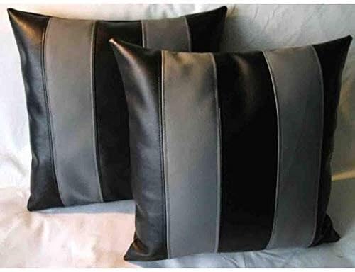 D DOLLY LAMB Lambskin Leather Pillow Cover - Sofa Cushion Case - Decorative Throw Covers for Living Room & Bedroom, 20x20 Inches - Black Grey Pack of 2