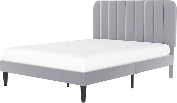 VECELO Full Size Bed Frame with Upholstered Headboard, Velvet Platform Bedframe Mattress Foundation, Strong Wood Slat Support, No Box Spring Needed,Light Grey