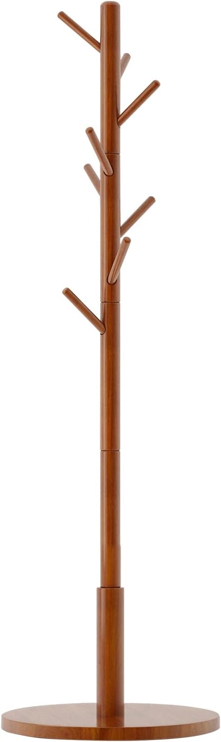 Wood Coat Rack Freestanding, Coat Stand with 8 Hooks, Kids Coat Tree with 3 height options and Sturdy Base, Rustic Coat Rack Small Hall Tree Brown YD-1008