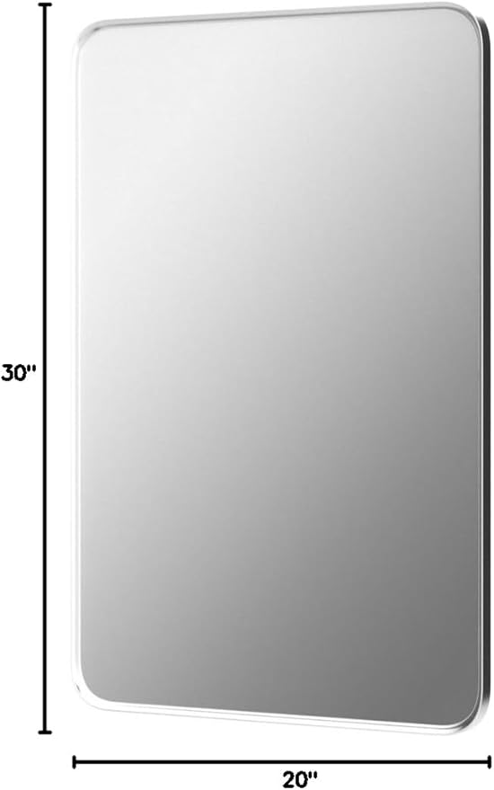 Wall Mount Mirror for Bathroom, Brushed Silver Metal Framed Rounded Corner Rectangular Vanity Mirror (20" x 30", Silver)
