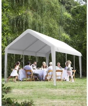 13x20 Ft. Metal Carport Garage with PE Fabric and Galvanized Steel Frame Outdoor Shelter for Cars, Trucks and Boats with 4 Doors and Mesh Windows for Ventilation - White