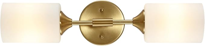 2-Lights Gold Wall Sconce with White Cylinder Glass Shades Modern Mid Century Bathroom Vanity Wall Light Fixtures Industrial Brushed Brass Wall Lamp for Bedroom Mirror Living Room Restaurant