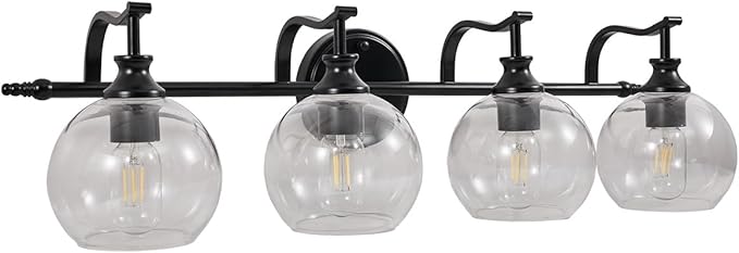 ANDY STAR 4 Light Bathroom Vanity Lights, Matte Black Bathroom Light with Clear Globe Glass Lampshade, 30.5 Inch Industrial Wall Lamp, E26 Base, Bulbs Not Included