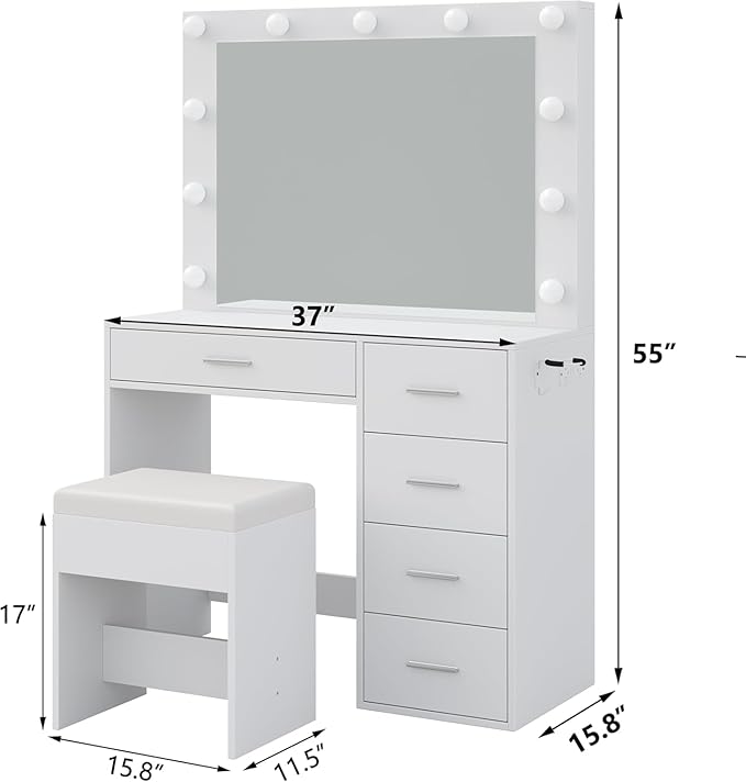 37" W Vanity Desk with Power Outlet, Makeup Vanity with Mirror and Lights, 3 Lighting Modes, Vanity Table with Chair for Bedroom, Dressing Room Studio, White