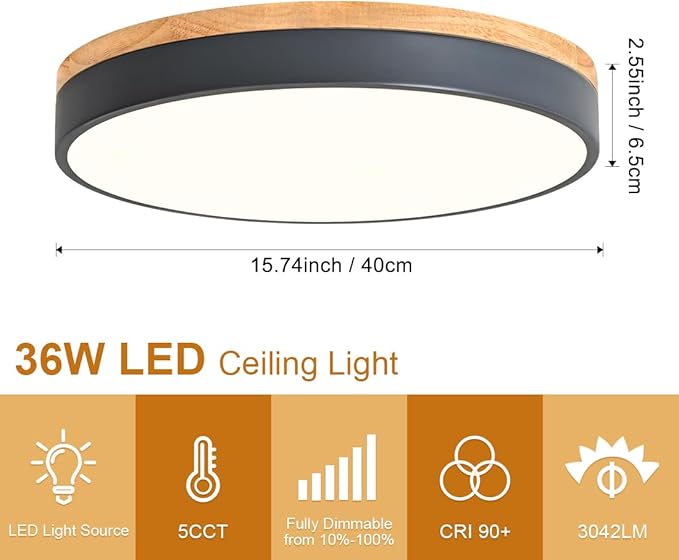 Dimmable Wood LED Close to Ceiling Light, Modern 2700K-6000K 5CCT Round Grey Flush Mount Light Fixtures, Minimalist Ceiling Lamp for Living Room, Dining Room, Bedroom, Kitchen-15.8in
