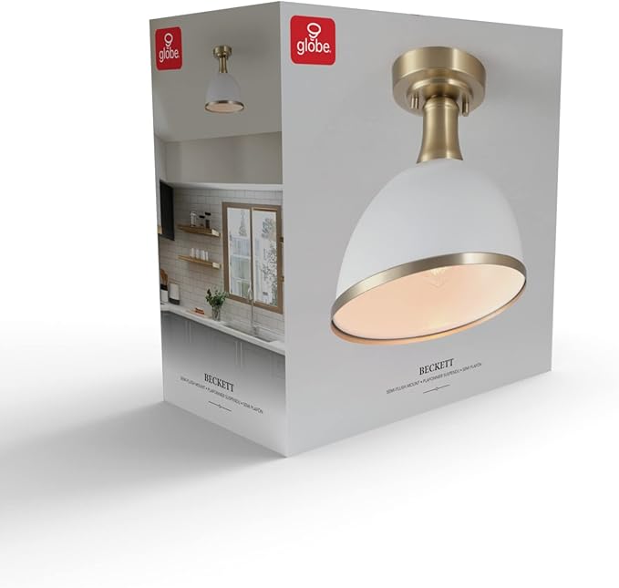 GLOBE Electric 66000037 1-Light Semi-Flush Mount Ceiling Light, Matte White, Brass Accents, Bedroom Lighting Fixtures Ceiling, Dining Room Fixture, Timeless Lighting for Hallway or Dining Room