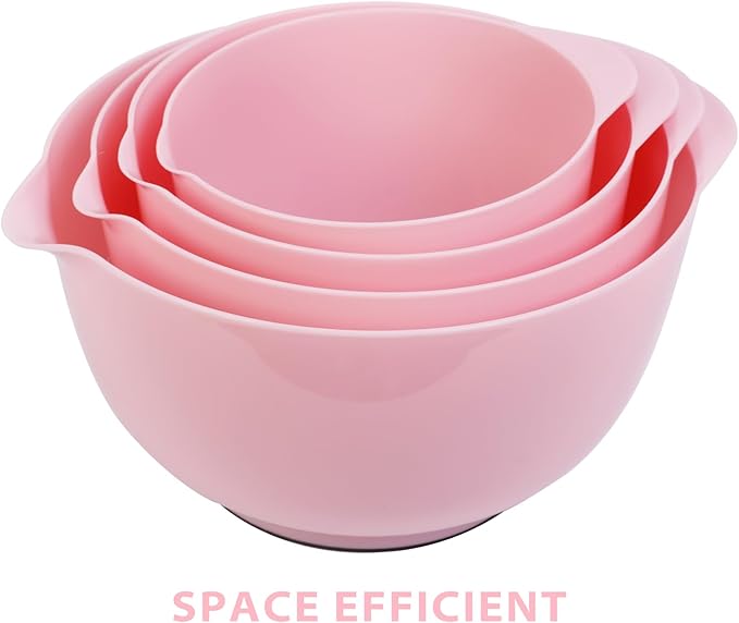 BoxedHome 4 Quart Large Plastic Mixing Bowls, Microwave Safe Mixing Bowl Set with Pour Spout, Nesting Bowls for Space Saving Storage(Fading Rose)