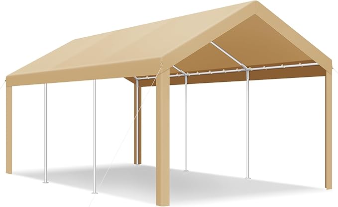 COBIZI Carports 10x20 Heavy Duty Car Tent Garage 2.0, Galvanized Frame Car Canopy Outdoor Shelter Waterproof & UV Protected with Windproof Ropes & Built-in Sandbags for Car Truck Boat, Khaki