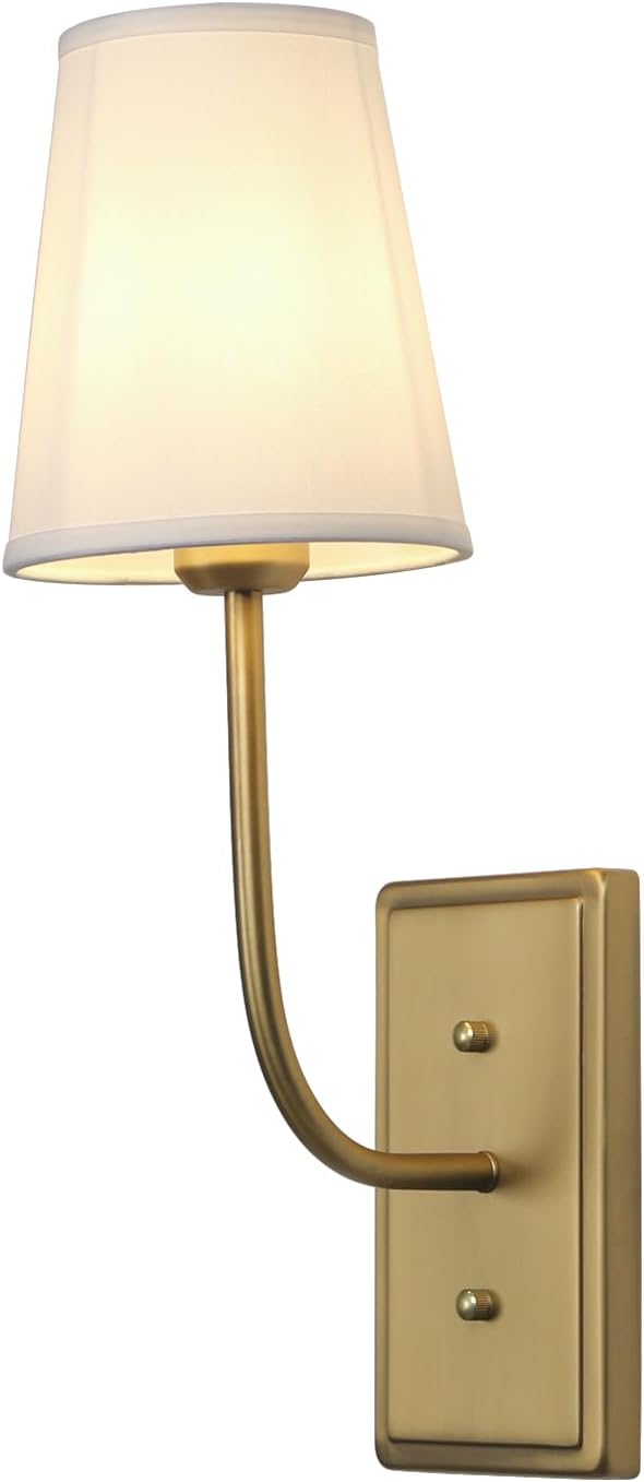 Vintage Brass Wall Sconce 1-Light, White Fabric Shade Wall Lamp Hardwired Indoor Wall Light for Bedroom Living Room Vanity Bathroom