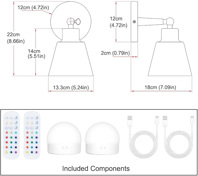 Battery Operated Wall Sconce Set of 2, Black USB Rechargeable Wall Lamp with 2500mAh Dimmable Detachable Bulb, Cordless Sconce Wall Lighting with Remote, 180° Rotate wall decor for Living Room Hallway