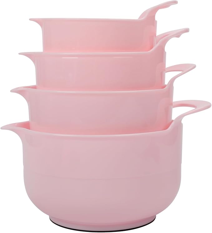 BoxedHome 4 Pack Nesting Mixing Bowl with Pour Spout and Handle, BPA free Microwave & Dishwasher Safe(Pink, 4 Pack with Handle)