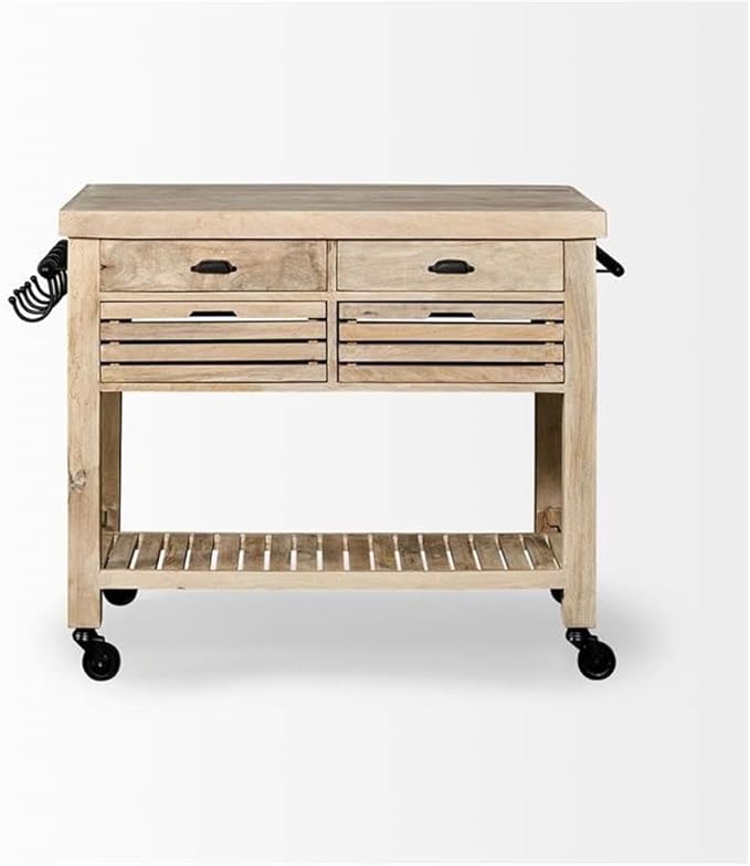 Pemberly Row Light Brown Base w/Black Iron Knobs Rolling Kitchen Island