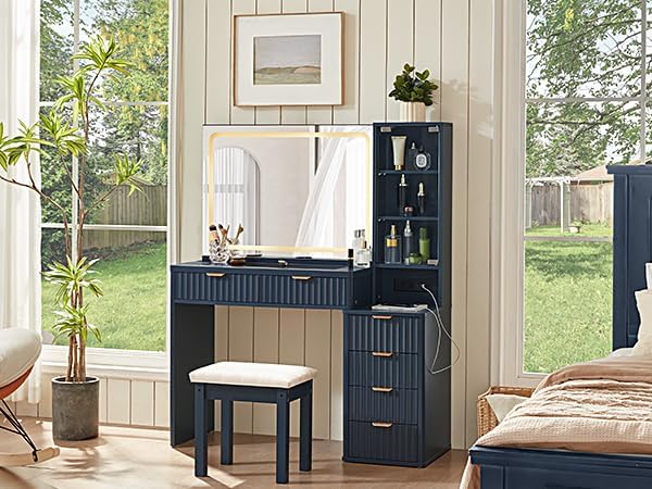 LEYAOYAO Fluted Makeup Vanity Desk with Mirror and Lights, 43.5'' Blue Vanity Table with Glass Top and Power Outlet, Make Up Vanity with 6 Drawers and Adjustable Shelves for Bedroom