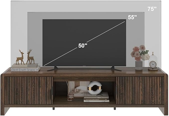 FATORRI TV Stand for 75/65/55 Inch TVs, Mid Century Modern Entertainment Center with Storage, Wood Waveform Fluted-Door Television Media Console for Living Room, Bedroom (63 Inch W, Dark Walnut)