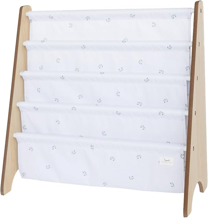 3 Sprouts Recycled Fabric Kids Bookshelf β 4-Tier Sling Book Rack Organizer - Nursery Room Playroom Classroom Wooden Book Shelves - Kid Bookcase Wood Storage Shelf for Toddler Age 3+ - Blueberry Ivory