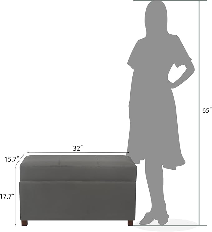 Asense Storage Ottoman Bench –32 Inch Stylish Compact Design with Storage, Extra Seating & Modern Leather Appeal for Living Room, Bedroom, Entryway, Slate Gray