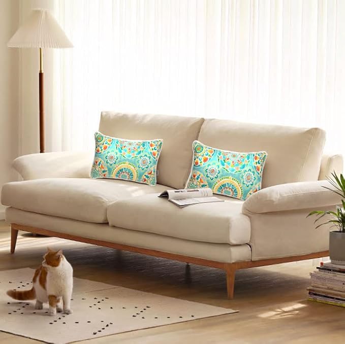 FUNHOME Indoor Outdoor Lumbar Pillow Covers ONLY, Water-Repellent Fade-Resistant Patio Lumbar Cases 12” x 20”, Throw Pillowcase Shell for Couch Garden Furniture Use -Cyan Circle