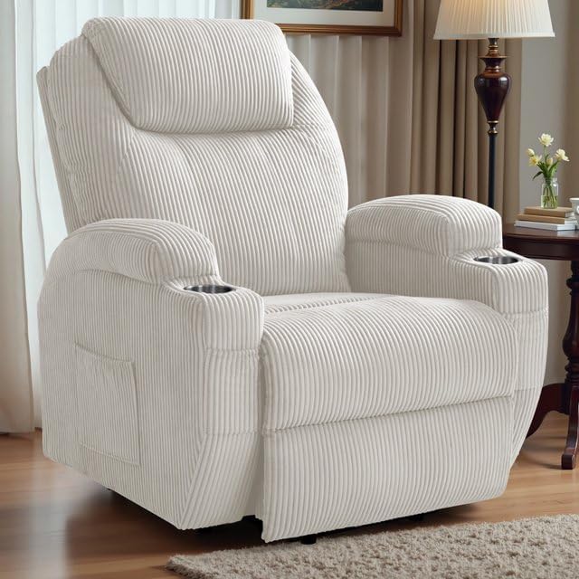 Electric Power Lift Recliner Chair with Massage for Elderly Corduroy Fabric Recliner Single Sofa with Cup Holders, Side Pockets and Remote Control for Living Room Bedroom (White)