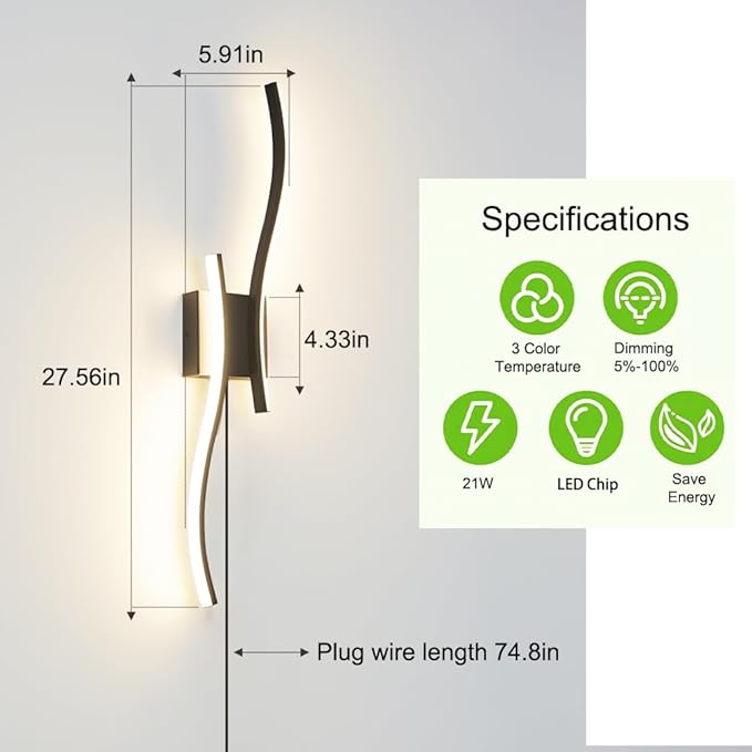 Modern Plug in Wall Sconce Set of 2, Black Dimmable LED Wall Light with Remote Control, 3CCT Adjustable & Memory Function, Timer, Plug in Cord Wall Lamp for TV Wall Living Room Hallway Bedroom