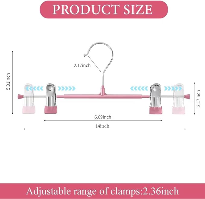 Pants Hangers with Clips 20 Pack Adjustable Skirt Hangers for Women Non-Slip Trousers Hanger for Jeans Clothes Hangers for Pants Heavy Duty Space Saving Shorts Hangers,Pink,14Inch