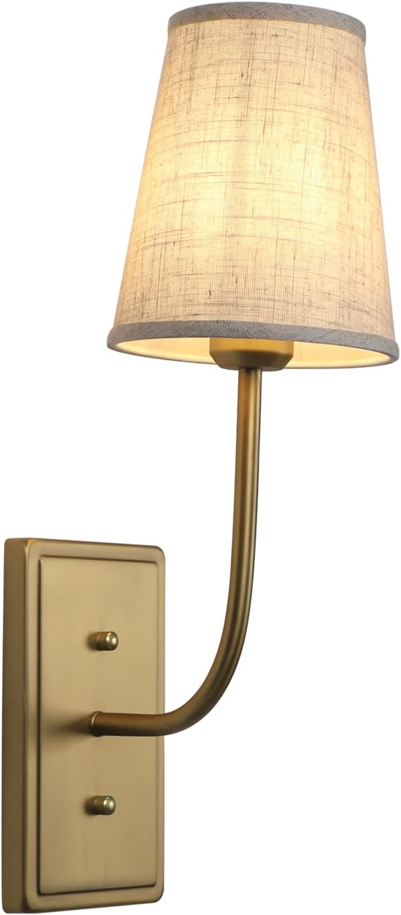 Vintage Brass Wall Sconce 1-Light, Linen Fabric Shade Wall Lamp Hardwired Indoor Wall Light for Bedroom Living Room Vanity Bathroom