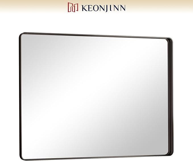 Keonjinn Black Framed Mirror for Bathroom 40 x 30 Inch Rounded Rectangle Wall Mirror, Matte Black Vanity Mirror for over Sink, Tempered Glass Farmhouse Mirror Seamless Metal Frame(Horizontal/Vertical)