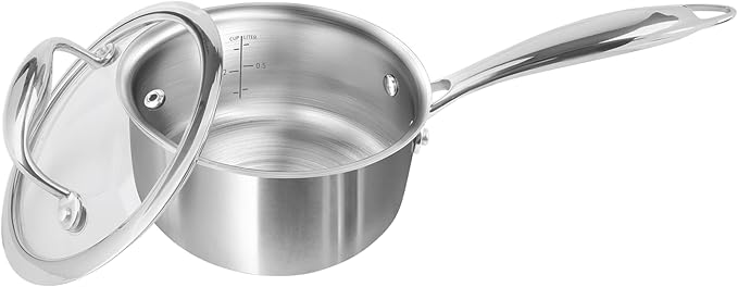 Macevia Sauce Pan with Glass Lid, 18/10 Stainless Steel Pot with Stay-Cool Handle, For All Stoves Multipurpose Use for Home Kitchen or Restaurant(1 Quart)- Silver