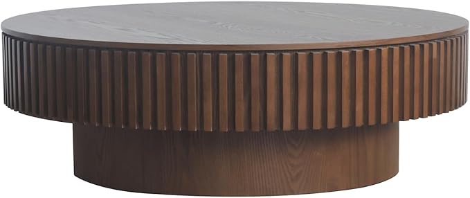 Round Coffee Table for Living Room, Accent Fluted Drum Coffee Table with Storage, Modern Solid Wood Veneered Circle Center Tea Table for Small Space Apartment (39.4''D×14''H-Walnut)