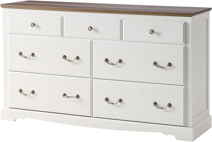AMERLIFE 7 Drawers Dresser for Bedroom, Farmhouse Chest of Drawers with Vintage Metal Handle, Wooden Dresser Organizer for Hallway, White+Barnwood