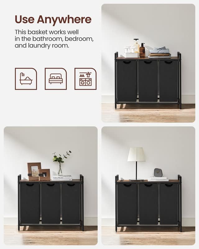 VASAGLE Cesto para Ropa Sucia, Cesta Colada, 3 Bolsas Colada de Tela Oxford Extraíble y Desmontable, 3 x 38 L, 92.5 x 33 x 72 cm, Estante, Marco Metálico, Negro MBLH301B01