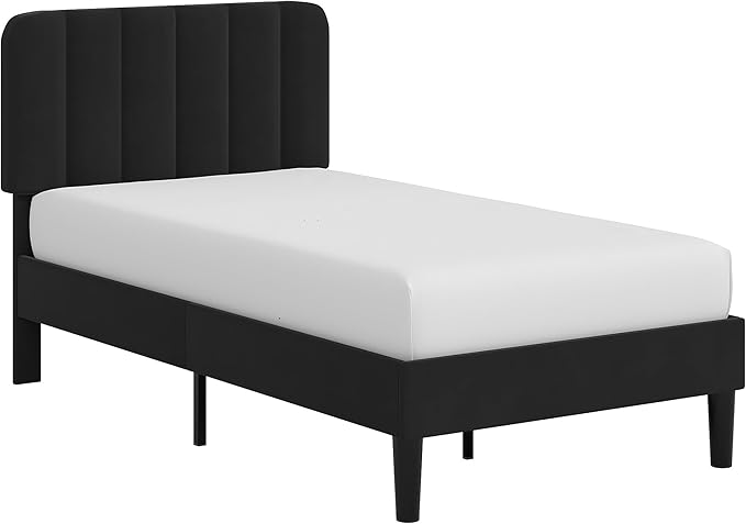 VECELO Twin Size Bed Frame with Upholstered Headboard, Velvet Platform Bedframe Mattress Foundation, Strong Wood Slat Support, No Box Spring Needed,Black