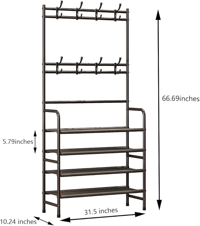 4 Tier Coat and Shoe Rack Entryway Coat Rack with 8 Hooks Shoes Organizer for Living Room Bedroom Office Brown