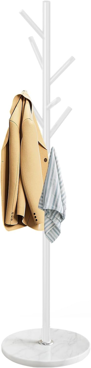 Coat Rack with Natural Marble Base, Metal Coat Racks Freestanding, Modern Coat Rack Stand with 8 Hooks, White Coat Tree Hats Hanger for Entryway, Hallway