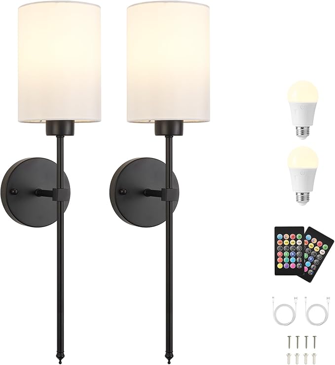 Battery Operated Wall Sconce Set of Two,Wireless Rechargeable Wall Light With Remote Control, Dimmable, 1800K/3000K/4000K/6000K/RGB, Timer, for Living Room, Bedroom, Fireplace, TV, 26.8 Inch, Black
