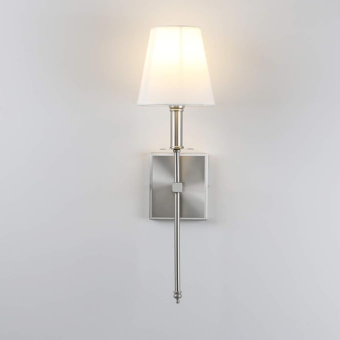 PERMO Set of 2 Classic Rustic Industrial Wall Sconce Lighting Fixture with Flared White Textile Lamp Shade and Brushed Tapered Column Stand