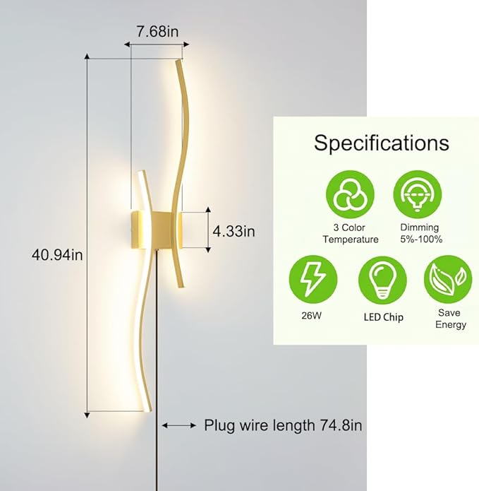 Modern Gold Plug in Wall Sconces Set of 2 - Smart Dimmable LED Wall Lights with Remote, 3CCT Adjustable & Memory Function, Timer Setting - No Wiring Needed for Living Room, Bedroom, Hallway