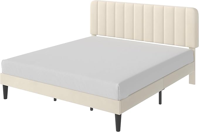VECELO King Size Bed Frame with Upholstered Headboard, Velvet Platform Bedframe Mattress Foundation, Strong Wood Slat Support, No Box Spring Needed,Velvet Beige