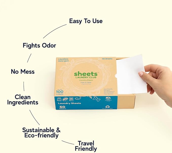 Sheets Laundry Club Bundle - 50 Pack (up to 100 loads) Fresh Linen Detergent Sheets, 40 Pack Free & Clear Dryer Sheets & 8 Oz. Sandbar Scent Booster - New Liquidless Technology
